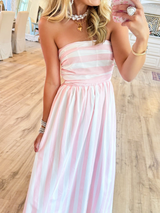 Ivory and Pink Stripe Strapless Maxi Dress