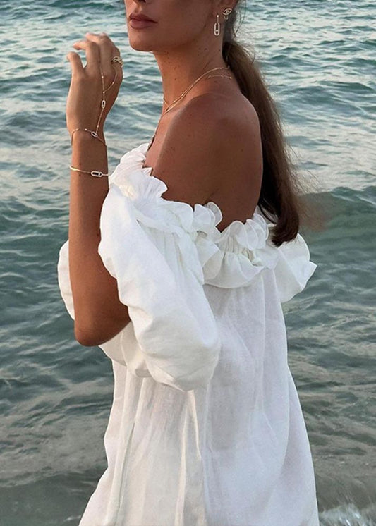 Women's One Shoulder Bubble Sleeve Solid Color Lace Dress