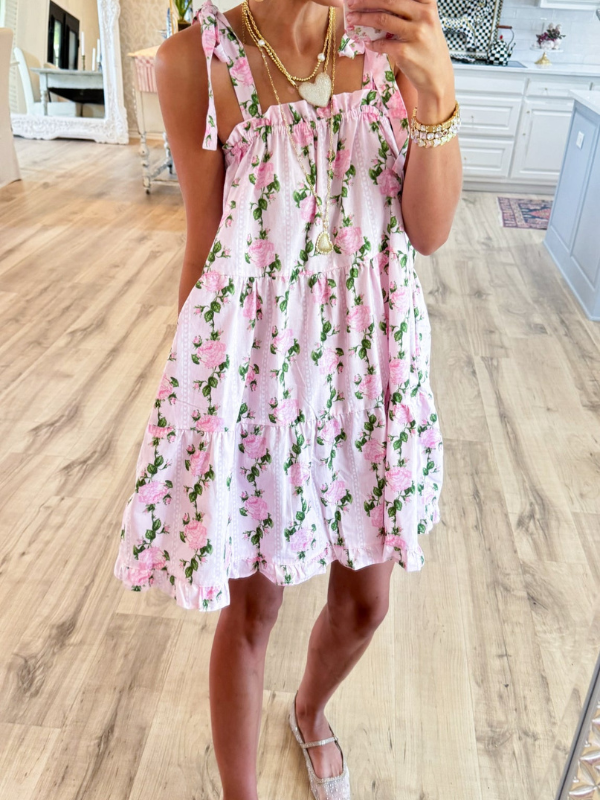 Pink Vintage Rose Shoulder Tie Mini Dress