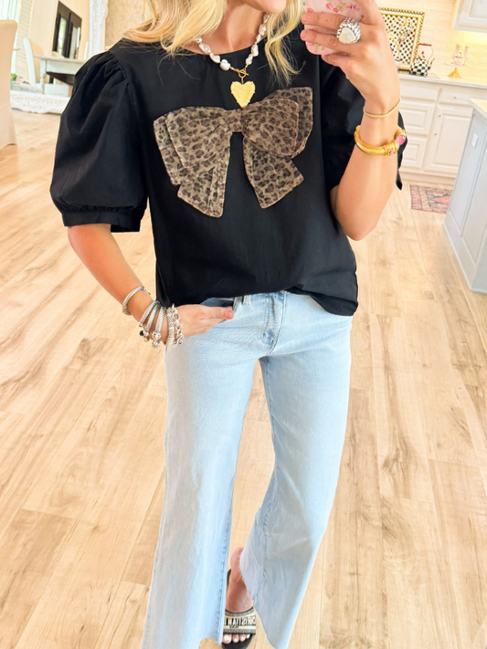 Black Leopard Bow Puff Sleeve Top