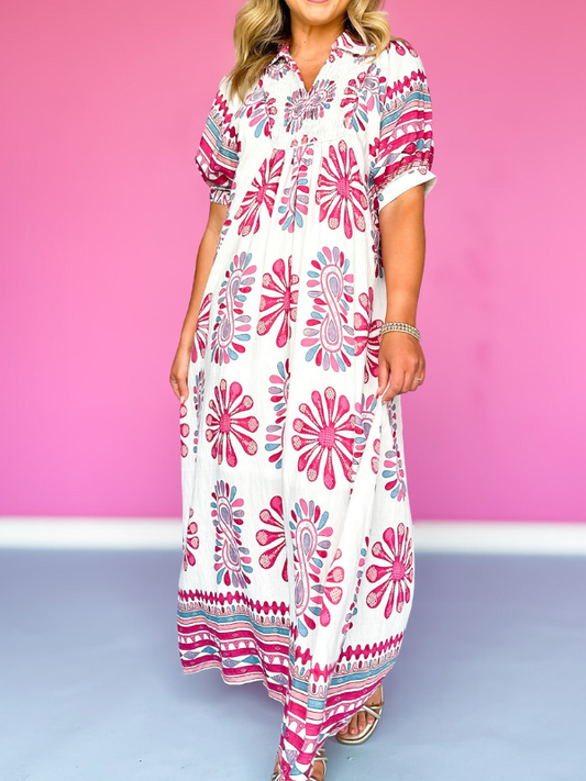 Smocked Yoke Balloon Sleeve Midi Dress