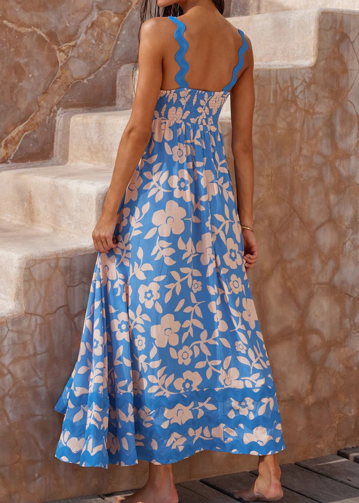 Blue Floral Lace Stitching Wave Suspender Maxi Dress