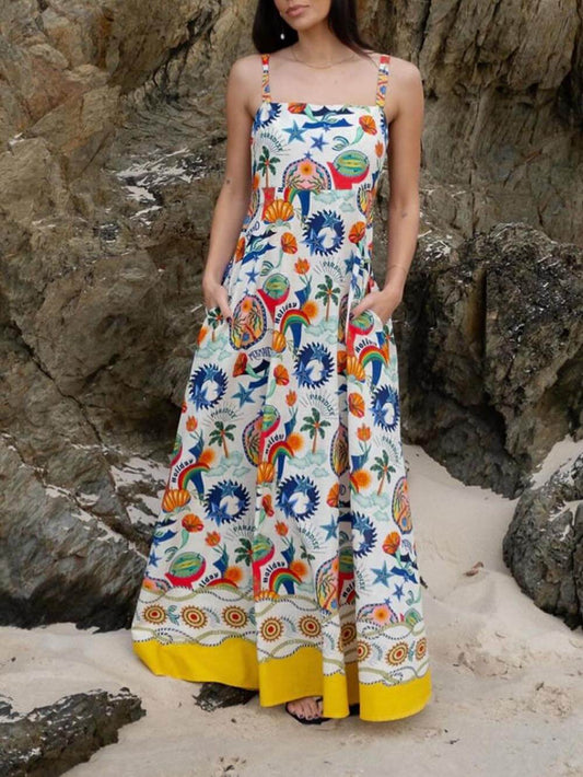 Unique Midsummer Mermaid Paradise Printed Strappy Maxi Dress