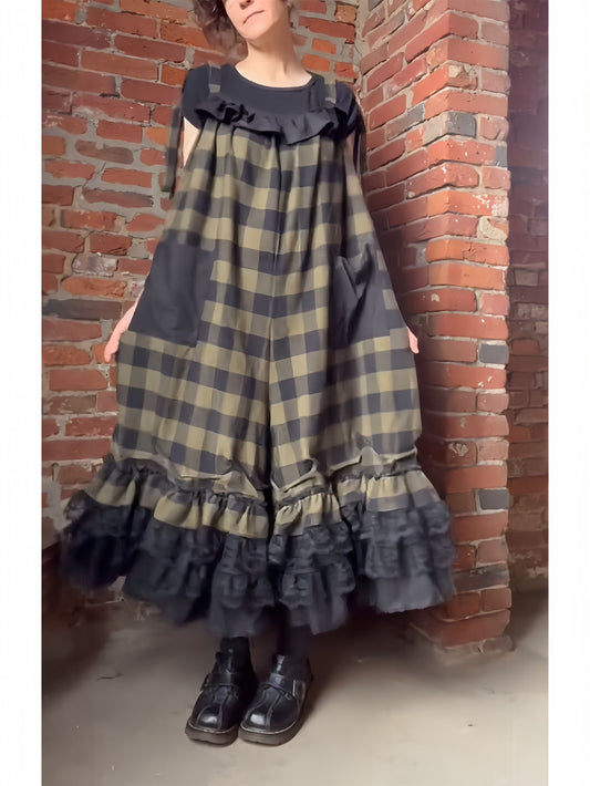 Vintage Plaid Ruffle Babydoll Overalls Jumpsuit