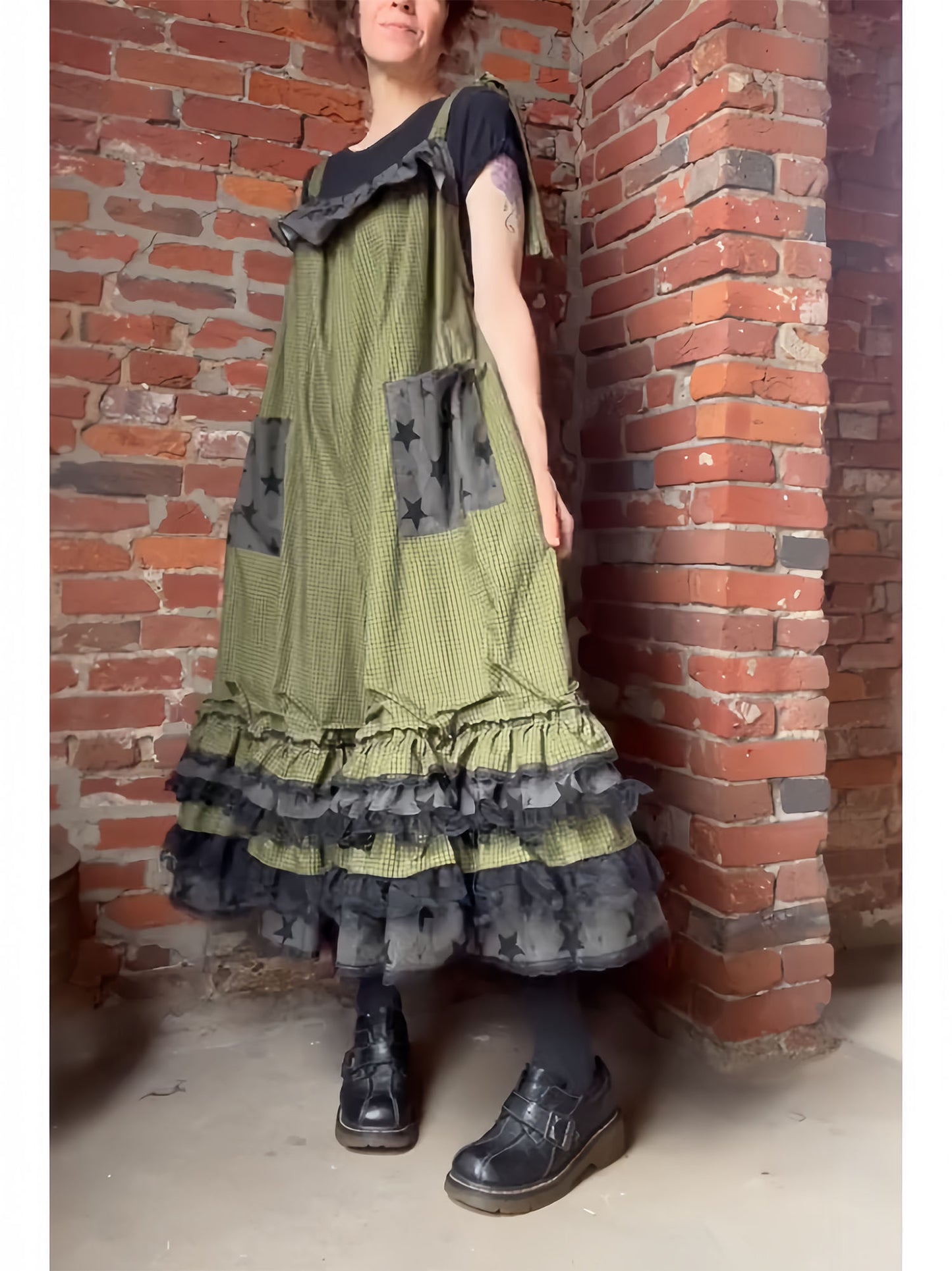 Vintage Plaid Ruffle Babydoll Overalls Jumpsuit