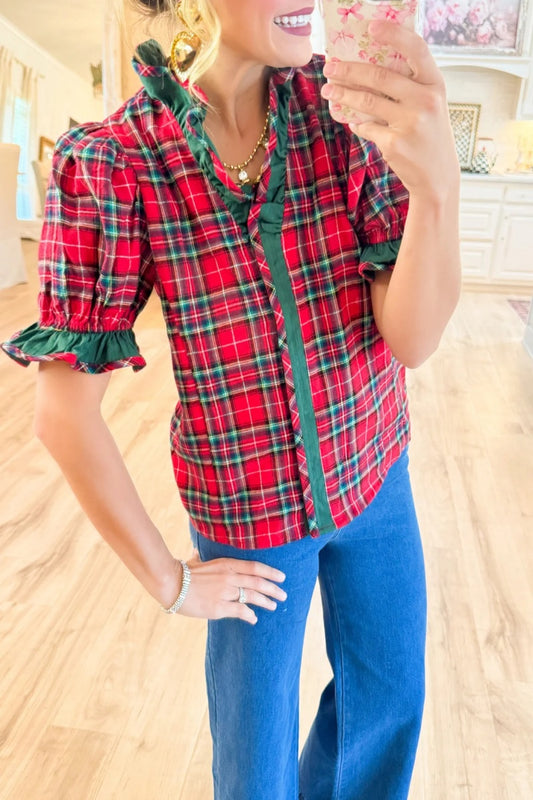 Red Plaid Puff Sleeve Ruffle Trim Blouse