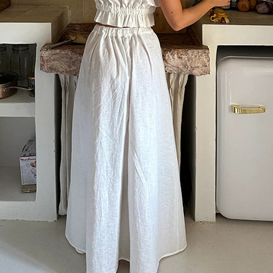 Women's Cotton and Linen Lace-up Sleeveless Vest Long Skirt Suit