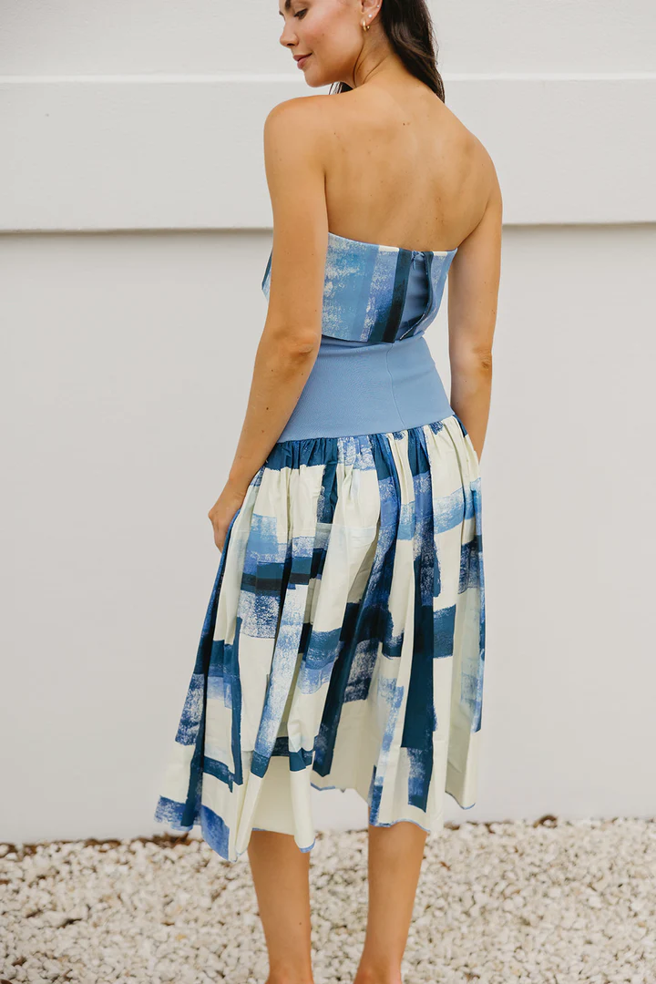 Printed Ribbed Elastic Waist Pocket Strapless Midi Dress