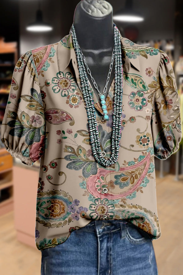 Vintage Paisley Print Puff Sleeve Top