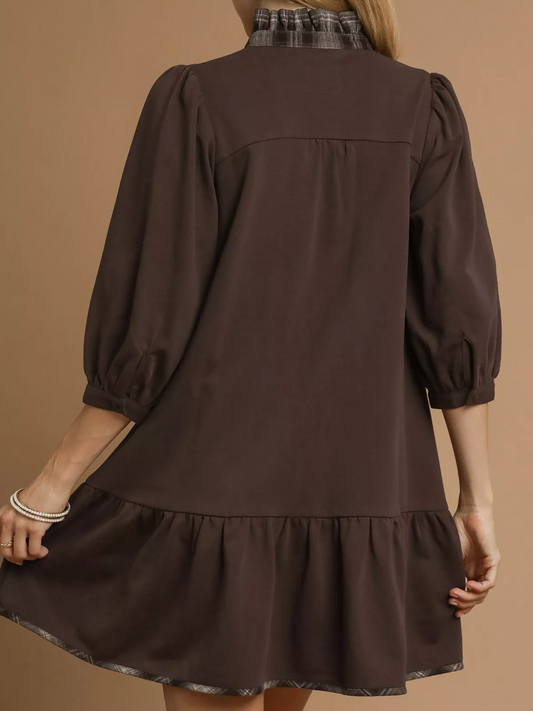 Checkered trim terry ruffle dress