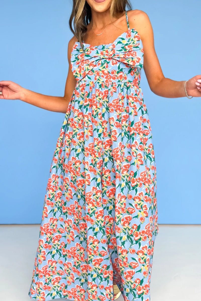 Blue Multi Floral Bow Front Detail Jumpsuit