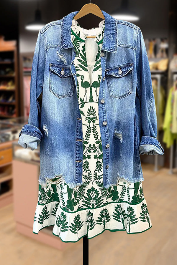 Tropical Print Flutter Sleeve Mini Dress