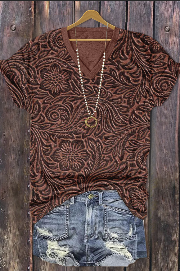 3D Floral Print V-Neck T-Shirt