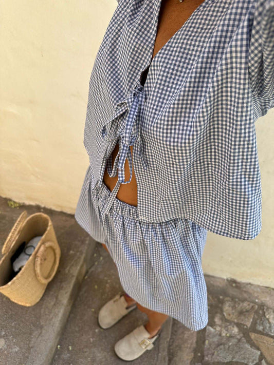 Women's Plaid Lace-up Elastic Waist Shorts Set