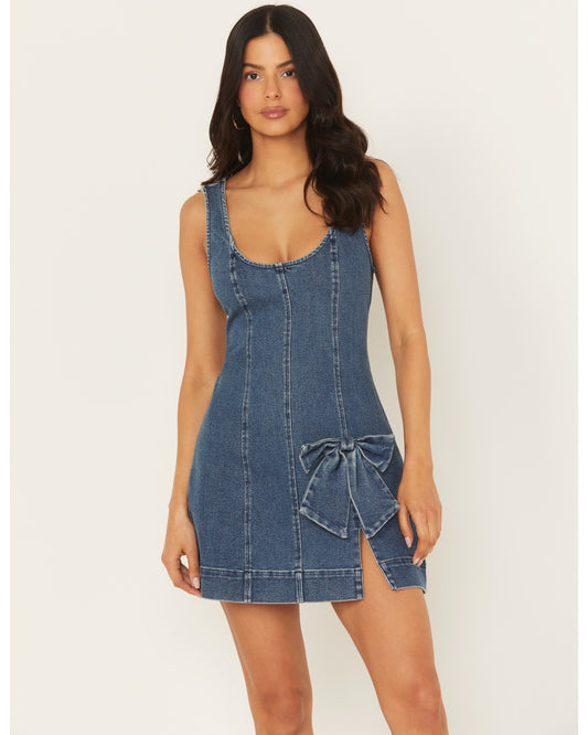 Sleeveless Bow Denim Mini Dress