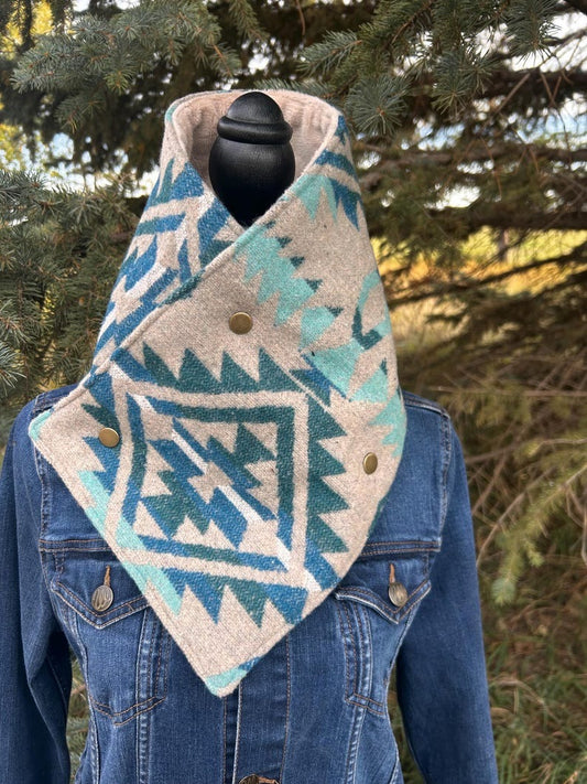 Western Cowboy Blue/Green Aztec Warm Neck Hood