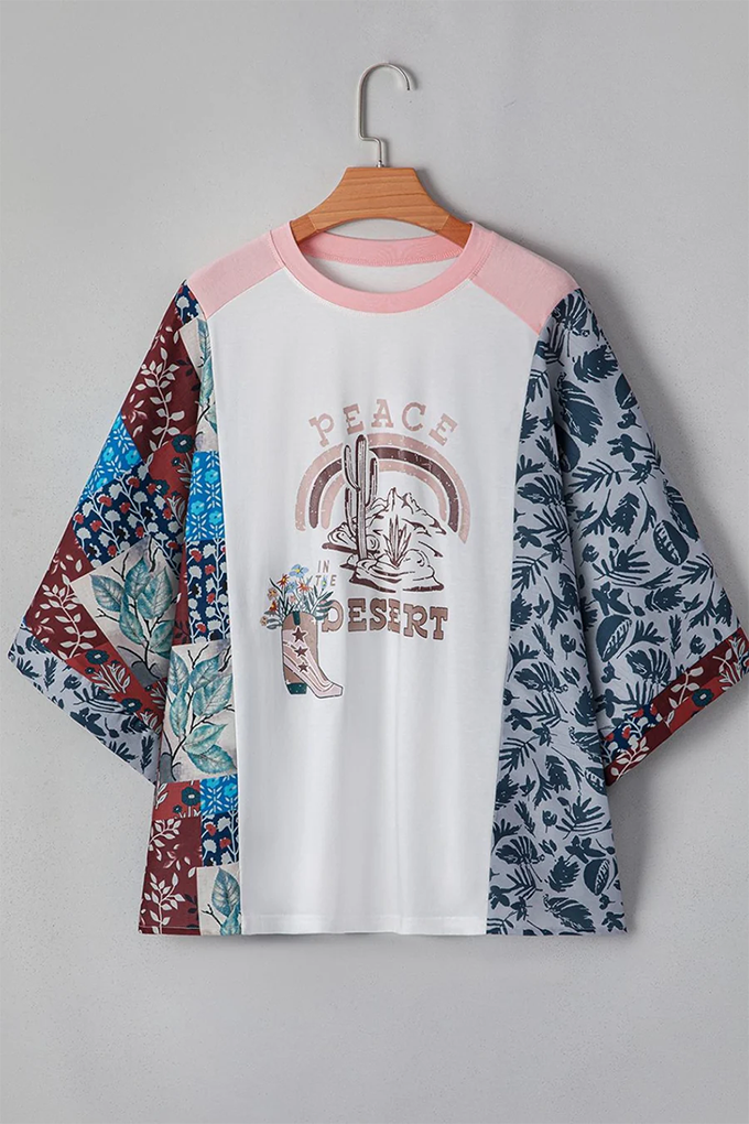 PEACE DESERT GRAPHIC ASYMMETRIC PRINTED PATCHWORK SLEEVE TOP