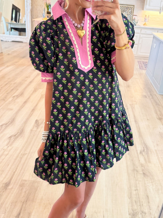 Black and Pink Flower Printed Scallop Trim Mini Dress