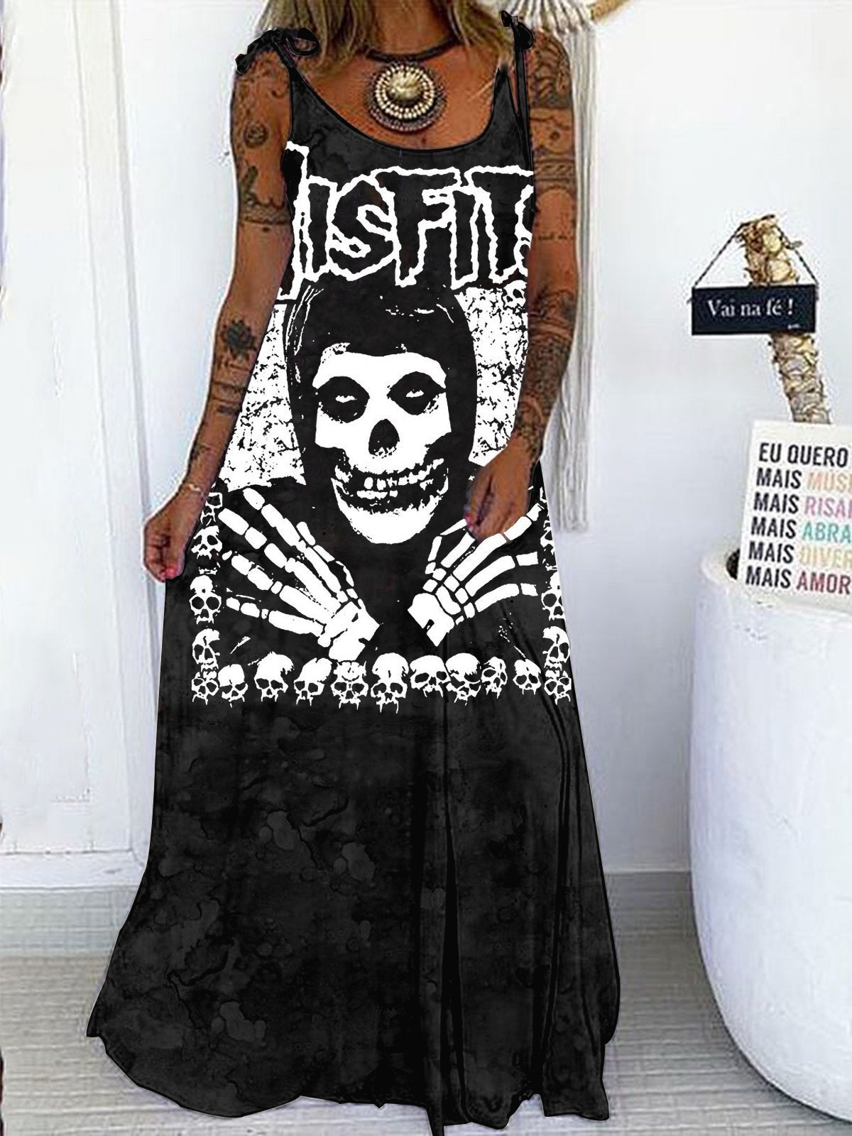 V-NECK PRINTED PUNK LOOSE SLIT DRESS