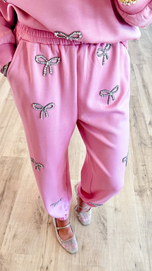 Blush Pink Rhinestone Bow Pants