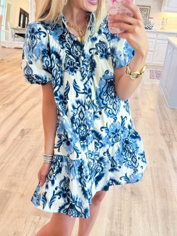 Blue and Ivory Printed Short Sleeve Mini Dress