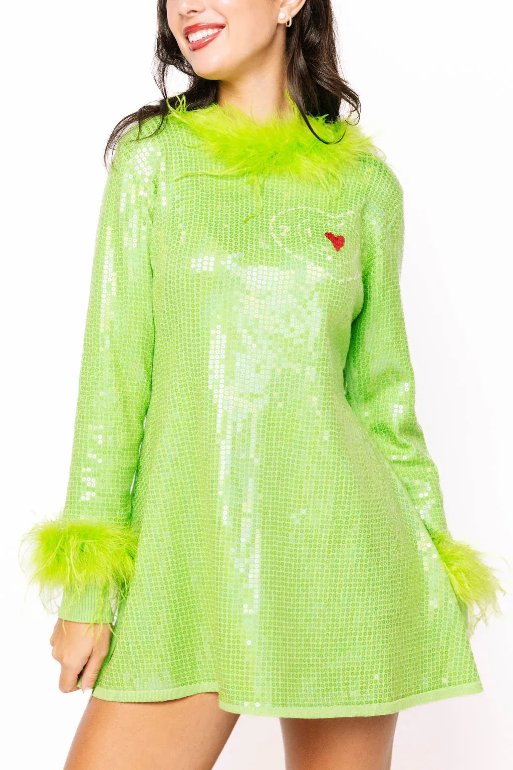 Green sequined feather trim Christmas heart-shaped dress