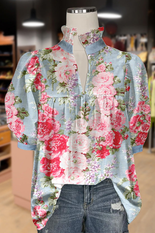 Spring Floral Print Puff Sleeve Top