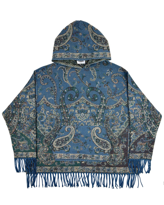 Oversized Patterned Hoodie with Fringe Trim