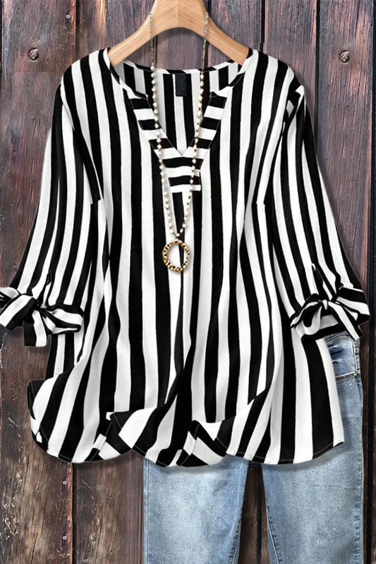 Casual Striped V-Neck Tied Sleeve Top
