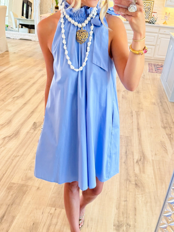 Sky Blue Ruffle Neck Bow Dress