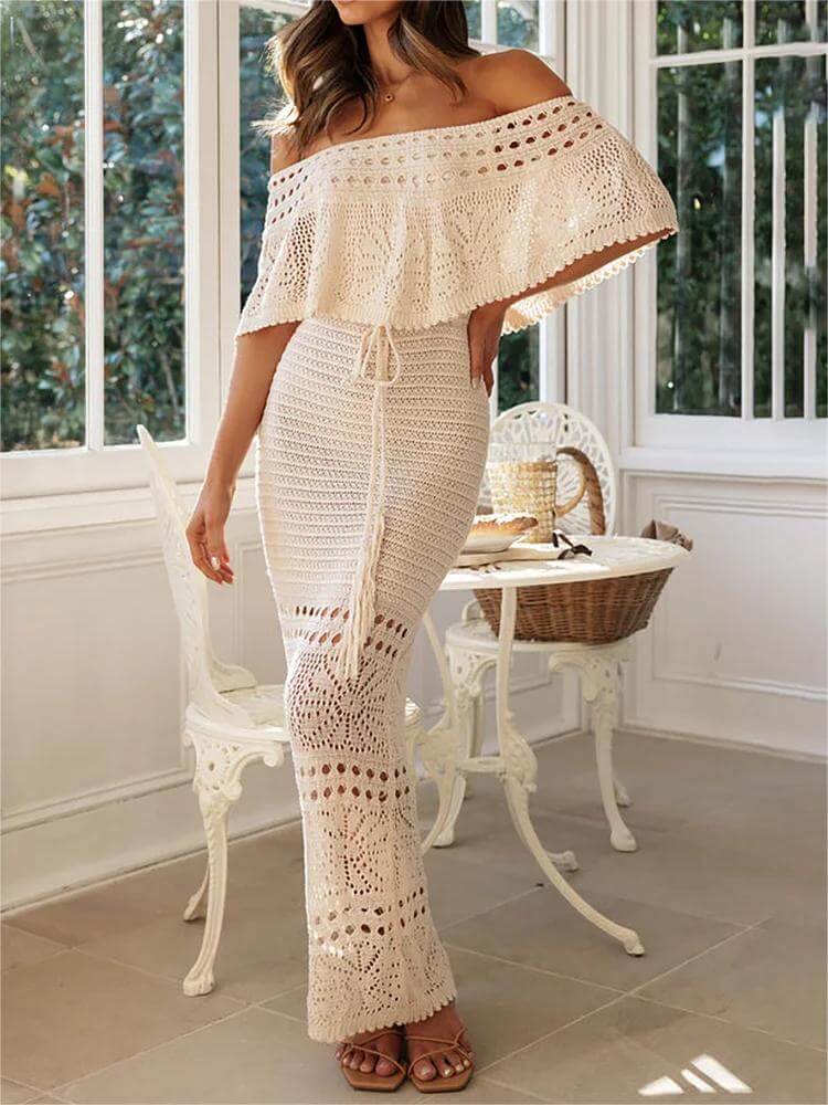 Crochet Off Shoulder Hollow Out Vacation Slim Maxi Dresses