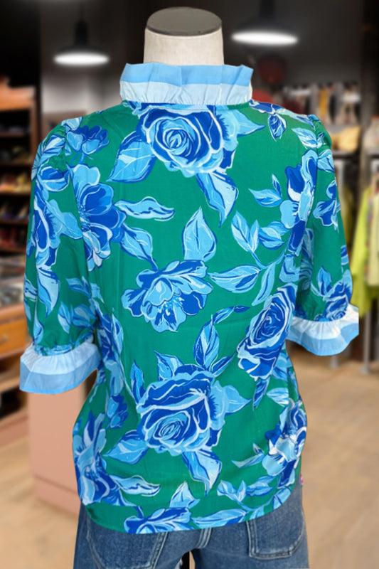 Floral Print Ruffle Neck Puff Sleeve Top