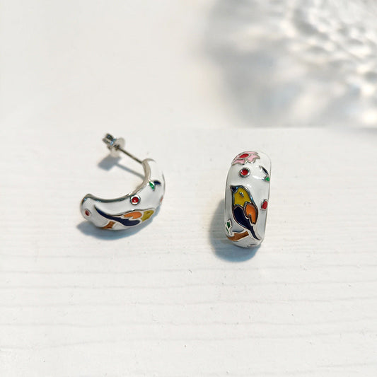 Enamel Flower and Bird Earrings
