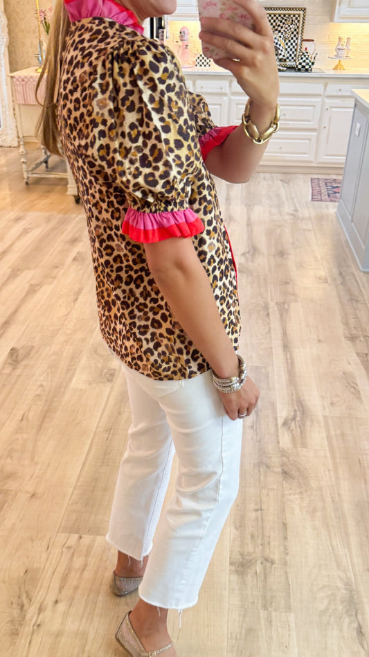 Leopard and Pink Contrast Trim Top