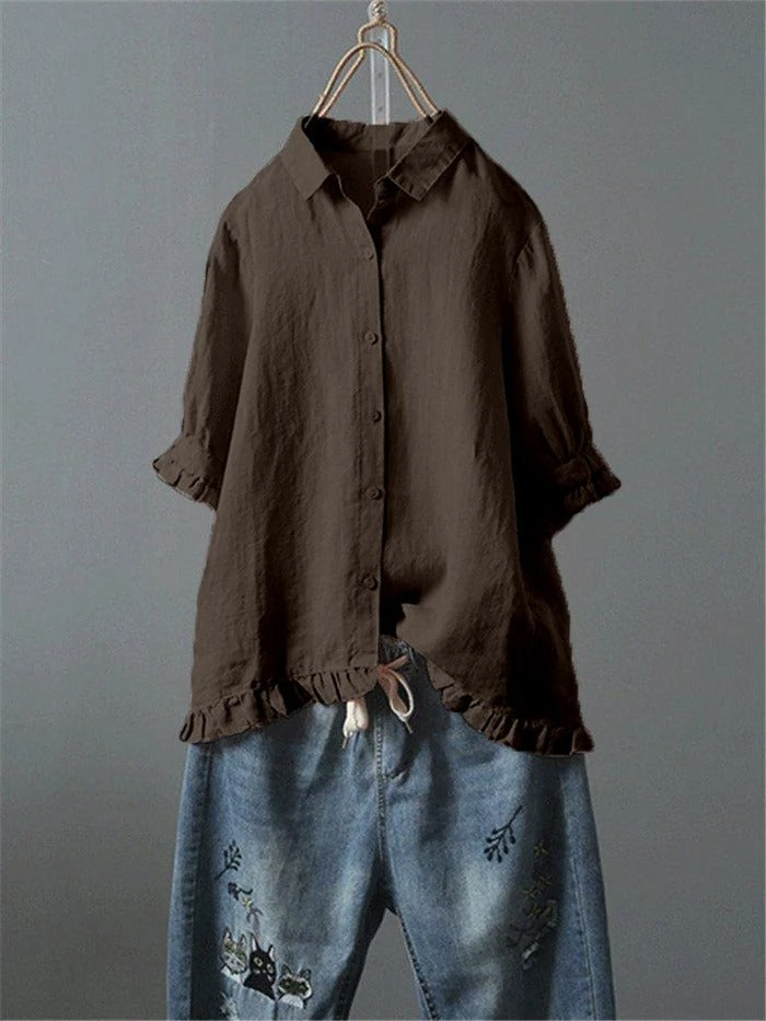 Solid Casual 3/4 Sleeve Turn-down Collar Tops