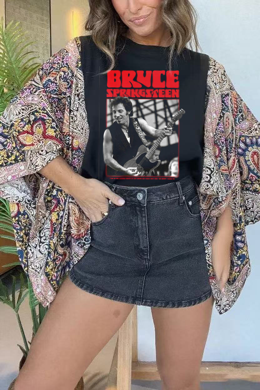 Springsteen Printed mixed bat sleeve top