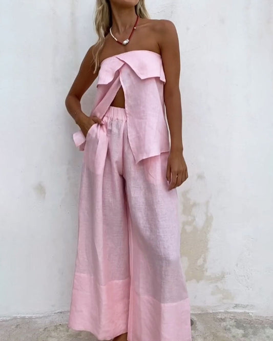 Solid Color Strapless Tube Top Slit Two-piece Suit