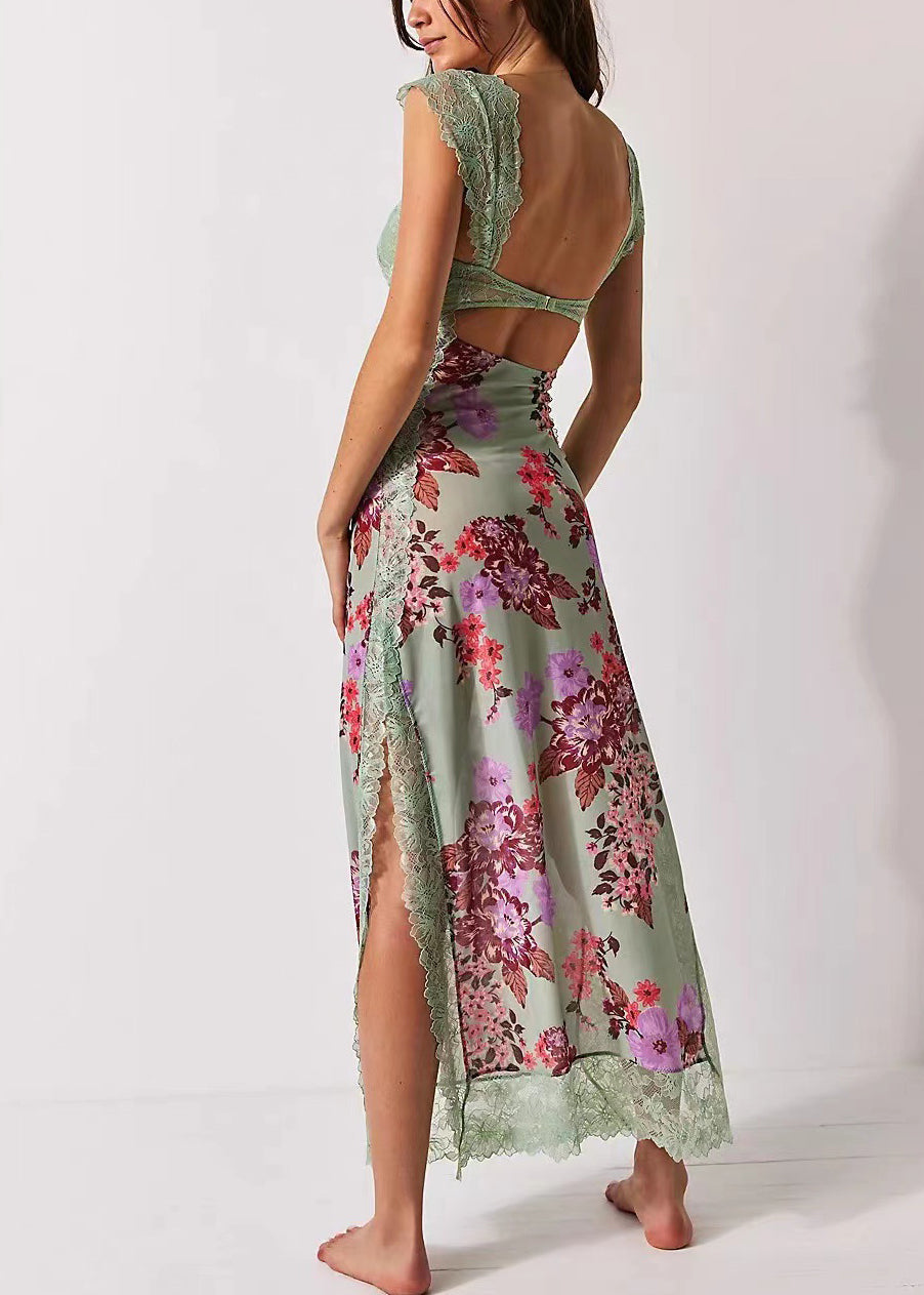 Green Lace Backless Slit Printed Long Dress