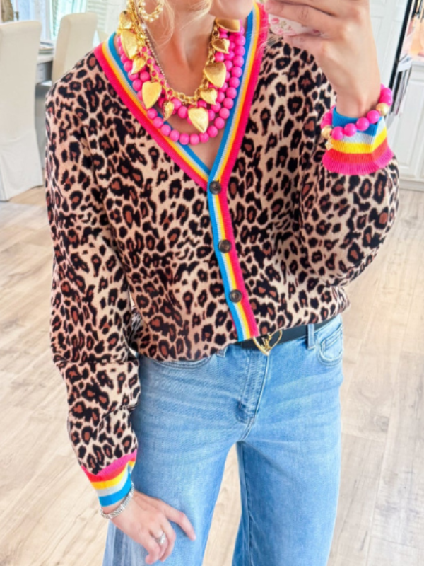 Leopard Contrast Stripe Cardigan
