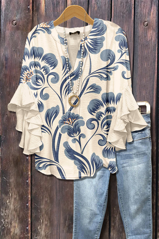 Retro Floral Print Layered Ruffle Sleeve Top