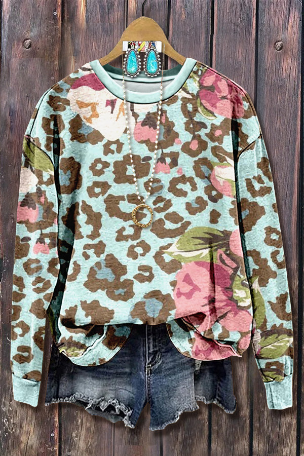 Mixed Leopard Print Long Sleeve Sweatshirt