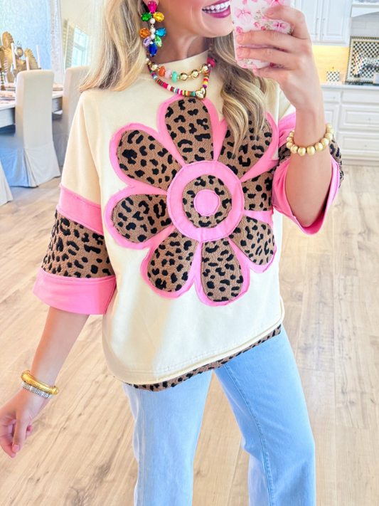 Ivory and Pink Leopard Flower Top