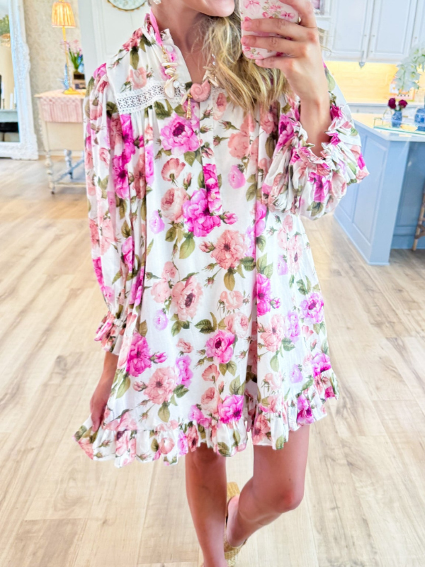 Ivory and Pink Floral 3/4 Sleeve Mini Dress