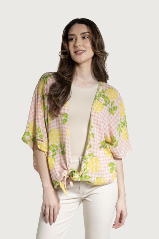 Short Tie Front Kimono Citrus Gingham