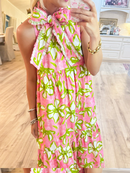Pink Flower Print Midi Dress
