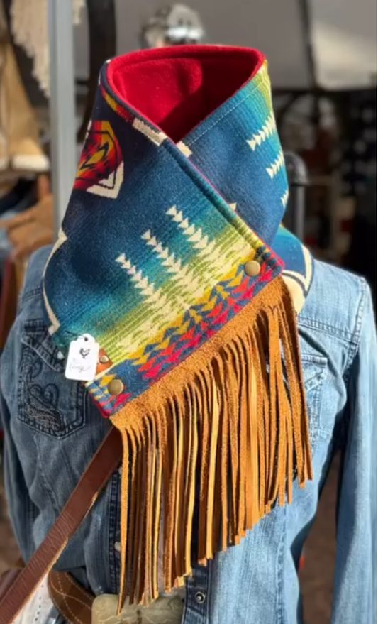 Women's Western Fringed Shawl - Blue/Gold Aztec