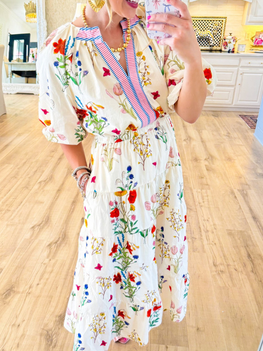 Cream Floral Puff Sleeve Midi Dress