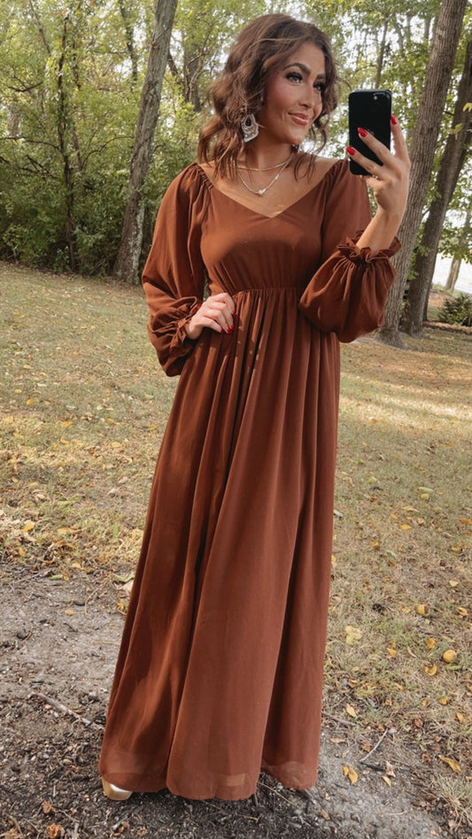 Timeless Romantic Chiffon Maxi Dress, Brown