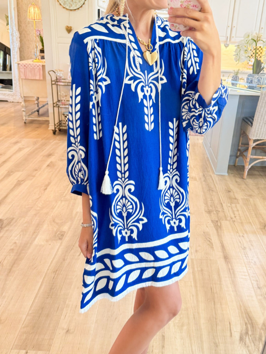 Blue Printed 3/4 Sleeve Dress