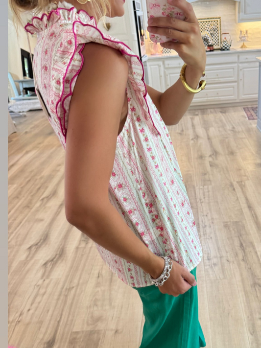 Ivory and Pink Floral Printed Ruffle Sleeve Top